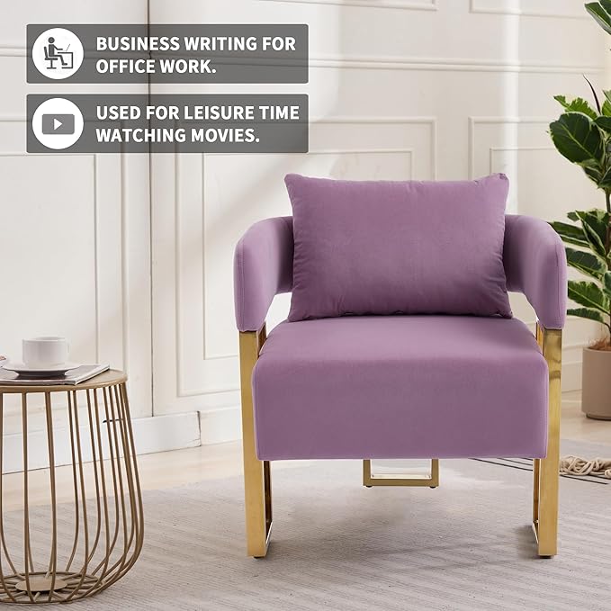 YISHENG Modern Barrel Accent Chairs Set of 2 Living Room Side Chairs with Golden Metal Legs Velvet Upholstered Reading Armchairs no Wheels for Vanity/Reception Room//Bedroom/Lounge/Office Purple