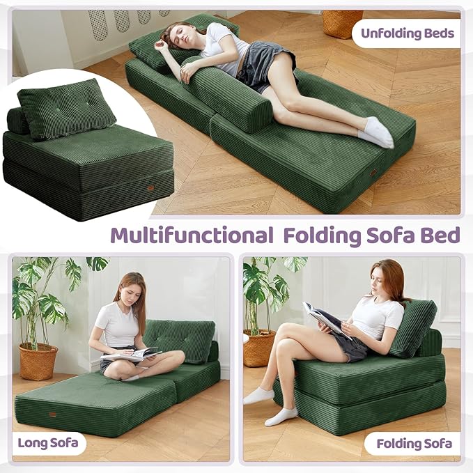 Folding Sofa Bed3-in-1 Convertible Sleeper Chair Corduroy High-Density Foam with PillowFold Out Chair BedFoldable Single Futon Chair for Living Room、HotelSingle Emerald Green