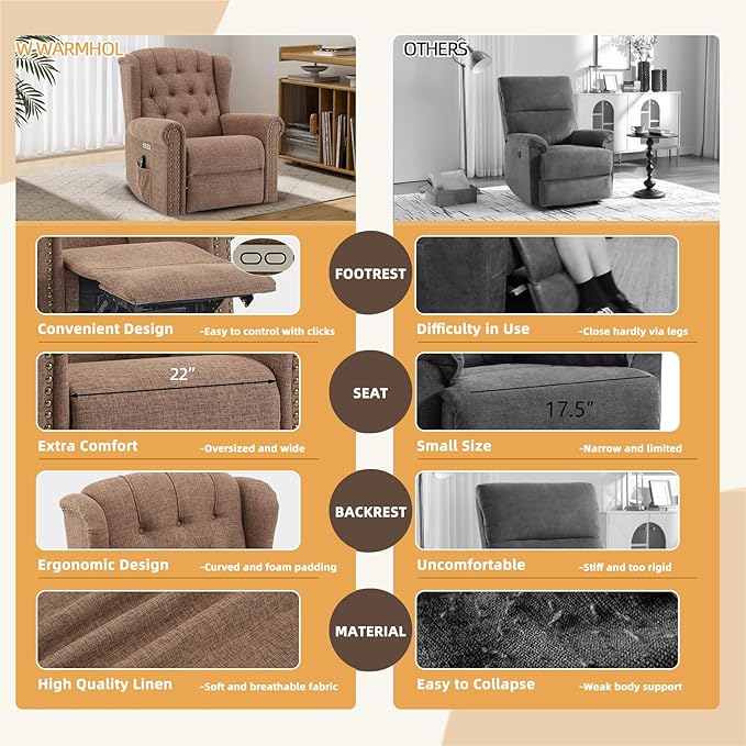 Power Swivel Rocking Glider Recliner Chair Electric Nursery Reclining Sofa Chair with Heat and Massage Wingback Tufted Upholstered Recliner for Living Room USB and Type-C Ports Brown