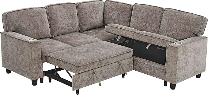 ERYE L-Shaped Symmetrical Sleeper Sectional Sofa W/Pull Out Sleeper Couch Bed and Storage Seat for Living Room Chenille Tufted Corner Convertible Sofa Bed with USB-C Ports