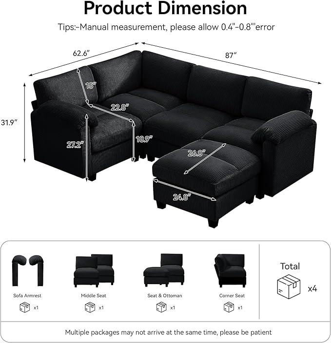 87'' U-Shaped Sectional Sofa with Ottoman 5-Seater Modular Couches for Living Room Corduroy Deep Seat Cloud Sofa with Center Stitched Black