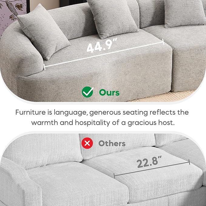 Yoglad 110‘’ Boneless Curved Sofa Modern Cloud 4-Seater Floor Couch Minimalist Compression Sofa for Living Room Apartment Studio Office No Assembly Needed(Chenille Grey)