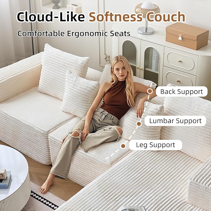 108'' Boneless Couch Sectional Boneless Couch w/Deep Seat Cloud Boneless Couches w/Stripe&amp Flannel Fabrics Boneless L Shaped Couches for Living Room Right Facing Chaise Beige