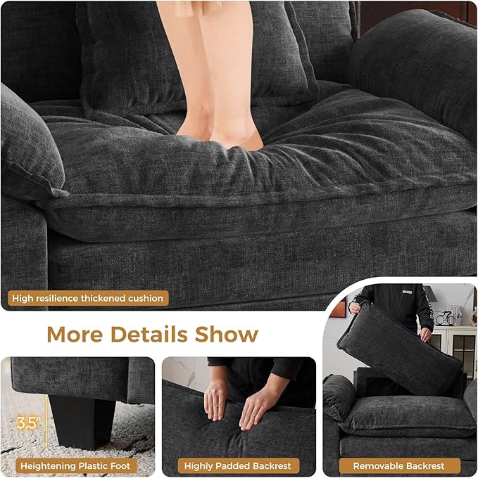 HUSFU Oversized Accent Chair with Ottoman Chenille Cloud Couch Chair with Deep Seat and Extra Wide Armrests Comfy Reading Armchair for Bedroom Living Room Set of 2 Black