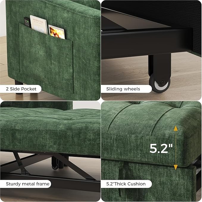 KKL 3 in 1 Convertible Sleeper Sofa Bed Pull Out Couch Bed with Adjustable Backrest Chenille Loveseat Pullout Couches with Side Pocket for Living Room Bedroom (Green)