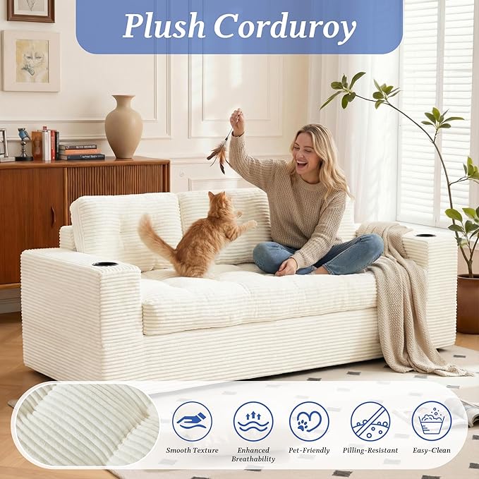 HOMREST Boneless Couch for Living Room 75 3-Seater Sofa w/ 61 Bean Bag Chair Upholstered Cloud Sofa with Cup Holder No Assembly Couch Compressed Floor Sofa for Bedroom Dorm Apartment Beige