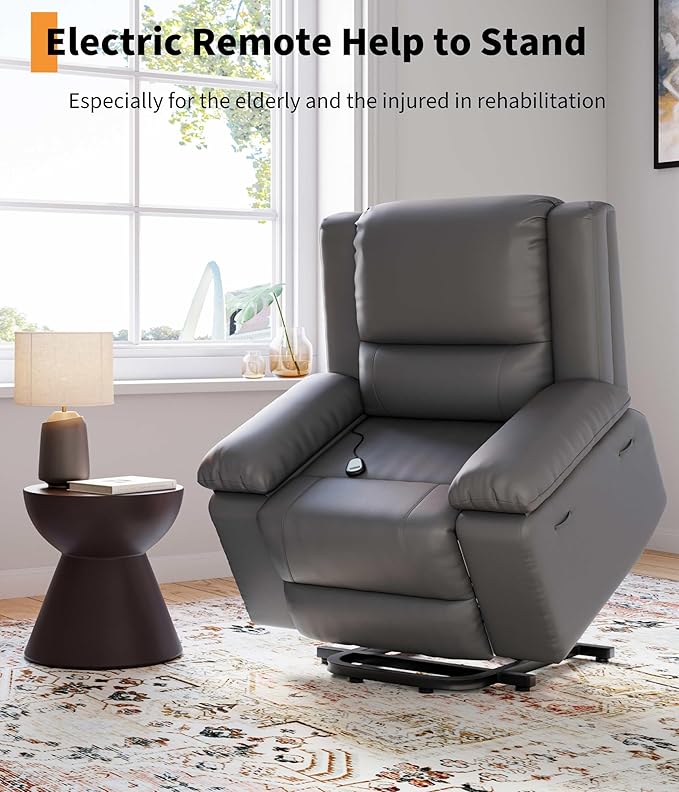 GarveeHome Power Lift Recliner Chair - Heat and Massage PU Leather Electric Lift Recliner for Elderly &amp Mobility Impaired Adjustable Back and Legs Heavy Duty Lift Chair for Seniors