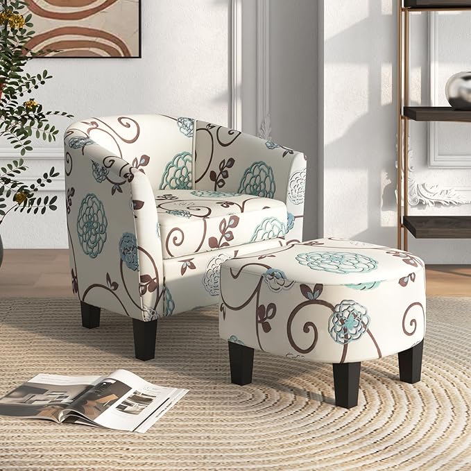 DORTALA Accent Chair with Ottoman Modern Upholstered Barrel Chair Set w/Solid Wood Legs Linen Fabric Armchair w/U-Shaped Back and Deep Seat Ideal for Living Room