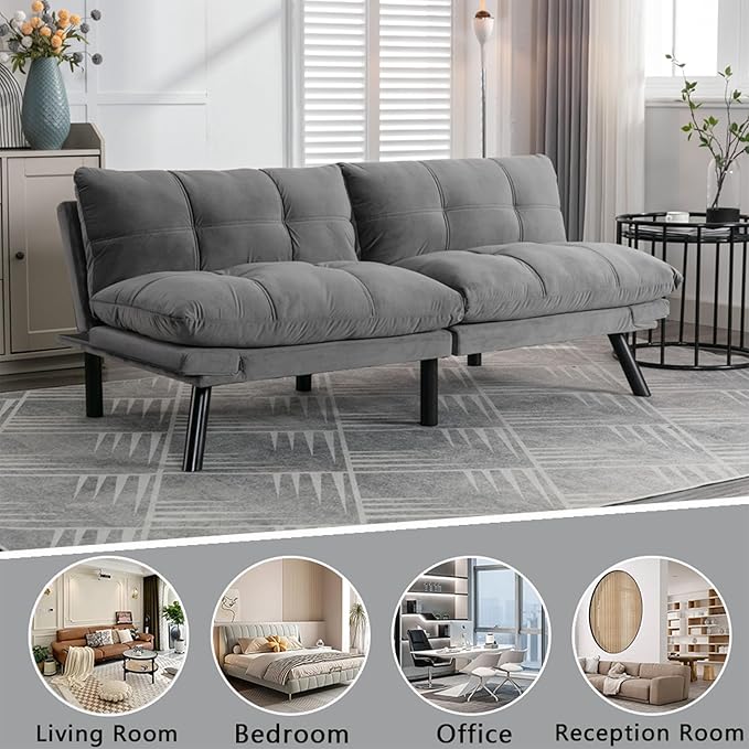 71 Velvet Futon Couch Bed with Mattress IncludedConvertible Folding Sleeper Sofa Bed with Adjustable BackrestsModern Loveseat Sleeper for Living Room Bedroom Small Space Home Office (Grey)