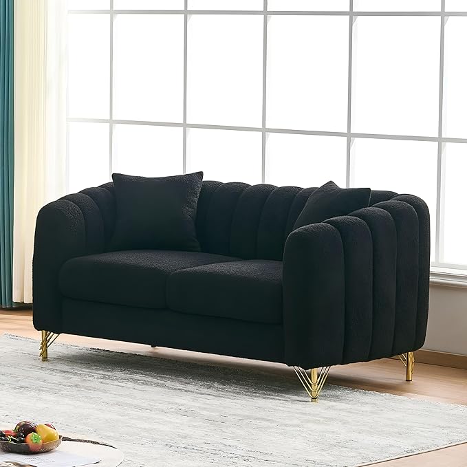 Black Cloud Couch for Living Room 63.5 Modern Comfy Overstuffed Deep Seat Tufted Sofa with Gold Legs &amp Pillows Plush Teddy Boucle Upholstered Curved Loveseat Settee with Round Arm (Black 2 Sea