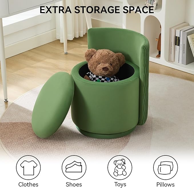 Velvet Vanity Chair with Storage 360° Swivel Makeup Chair with Wave Back No Assembly Small Accent Stool for Bedroom Dressing Living Room Green