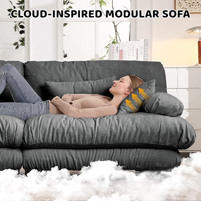 94.4 Modular Cloud Sectional Sofa with Chenille Plush Fabric - 2 Seater Couch with Deep Seat for Living Room Apartment and Office - Grey