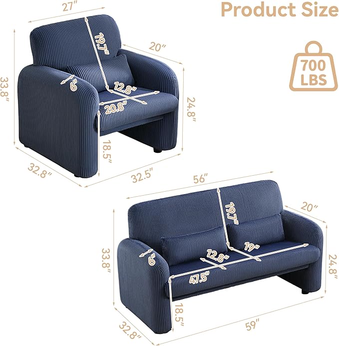 Corduroy Accent Living Room Sets Modern Upholstered Love Seat with 2 Accent Chairs Wide Comfy Leisure Chair Sets for Bedroom Office Blue