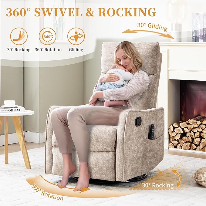 Small Swivel Rocker Recliner Chair for Nursery Heat &amp Massage Manual Upholstered 360° Fabric Glider Chair Small Recliners for Small Spaces Living Room (Khaki)