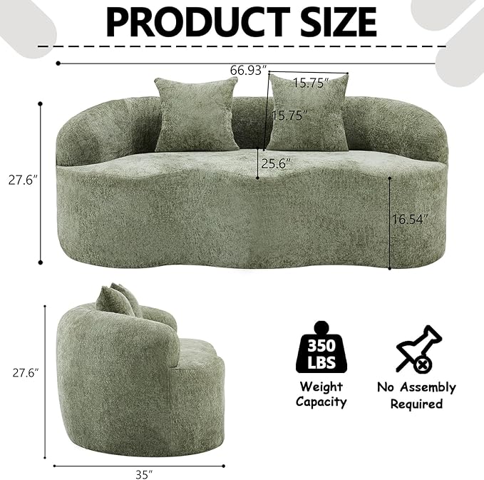 67 Curved Loveseat Sofa with 2 Pillows Boneless Curved Couch with Round Armrest Cloud Sofa for Living Room Bedroom Small Spaces Teddy Modern Compressed No Assembly (Antique Green)