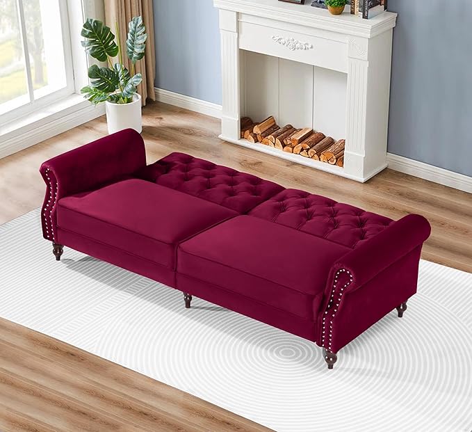 Legend Vansen 87.8 inchs Convertible Velvet Bed Sleeper Futon Sofas Wine Red