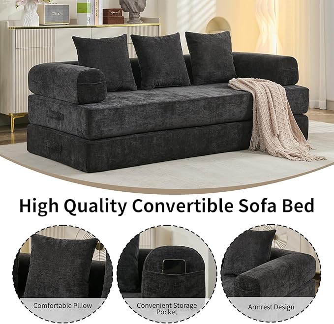 Compression Sofa Convertible Sofa Bed Modular Couch with Pillow Comfy Chenille Fabric Couch with Memory Foam Lounge Floor Sofa for Living Room Bedroom (Black)