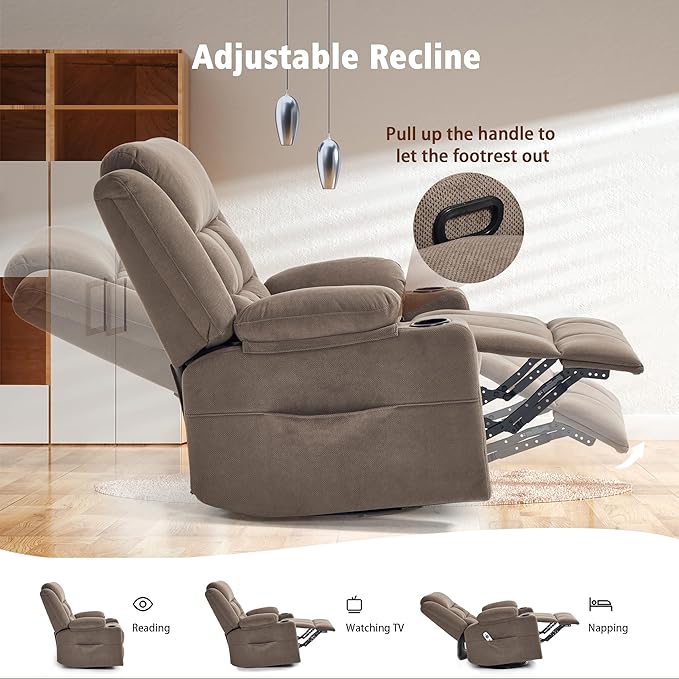 Swivel Rocker Recliner Chair for Adults with Massage and Heat Cup Holders and Side Pockets Glider Rocking Reclining Single Sofa Chair for Living Room (Coffee)