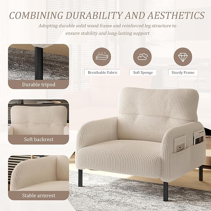 Modern Living Room Chair Single Seat Wide Chair Upholstered Corduroy Fabric Accent Armchair Single Sofa Chair with Side Pocket and Wood Legs for Bedroom/Office/Reading Spaces (Beige)