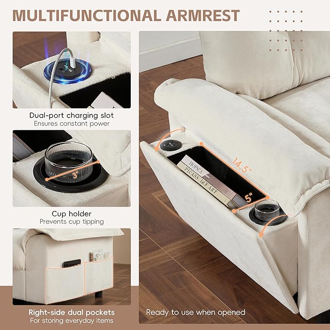 Ball &amp Cast Modular L Shaped Sectional Sofa with Movable Storage Ottoman and Dual-Port Charging4 Seater Comfy Cloud Couch W/Side Storage Pockets &amp Cup Holderfor Living RoomApartmentBeige1