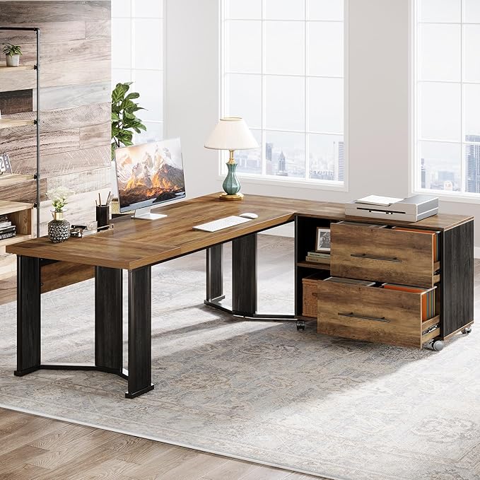 Tribesigns 70.86 Executive Desk with Mobile File Cabinet Large L Shaped Computer Office Desk with 2 Drawers and Storage Shelves Business Furniture Desk Workstation for Home Office (Rustic Brown)