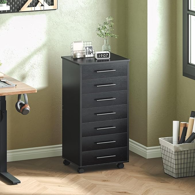 HOOBRO 7-Drawer File Cabinet Wooden Office Cabinet with Drawers Mobile Storage Cabinet for Home Office Study Easy Assembly Black BK07WJ01