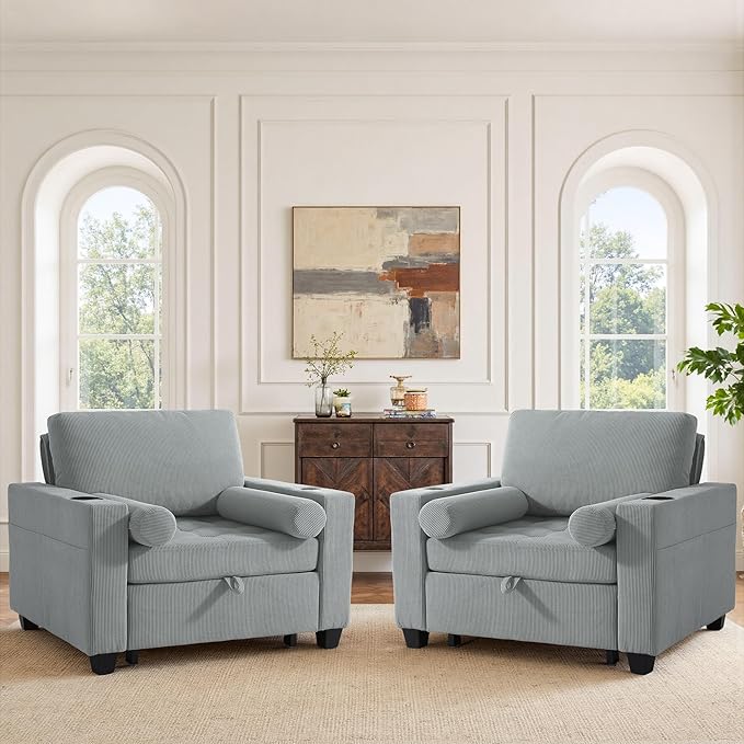 Convertible Sleeper Chair Bed Comfy Corduroy Single Futon Sofa Chairs with Pull Out Bed 3-Levels Adjustable Backrest Accent Chair with Side Pockets Cup Holder &amp USB Ports for Living Room Bedro