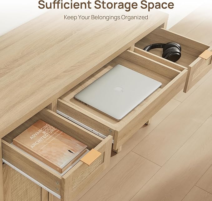 SICOTAS Rattan Executive Desk with Storage - Larger Home Office Desk with Drawers and Cabinets Farmhouse Boho Computer Table Vanity Desk for Study Office Living Room Light Oak (2 Pieces)