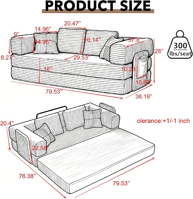 4-in-1 Floor Sofa King Size No Assembly Upholstered Boneless Pull Out Couch Bed with 4 Pillows Oversized Corduroy Foam Compressed Sofa Couch in A Box for Living Room Sleeper (Beige)