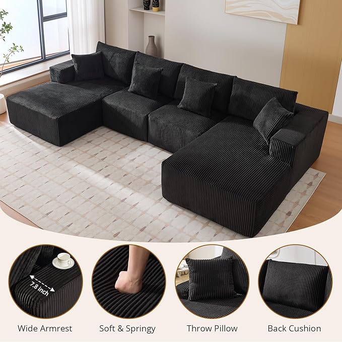 137 Sectional Cloud Couch Modular Modern U-Shaped Sofa with Chaise Lounge Corduroy Fabric No Assembly Required Convertible Compression Sleeper Sofa for Living Room Apartment Bedroom