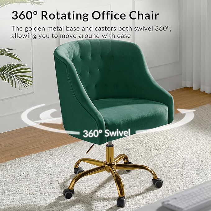 Velvet Office Chair with Gold Base Modern Cute Desk Chair Comfortable Adjustable Swivel Task Chair for Home Office Living Room Bedroom Vanity Study
