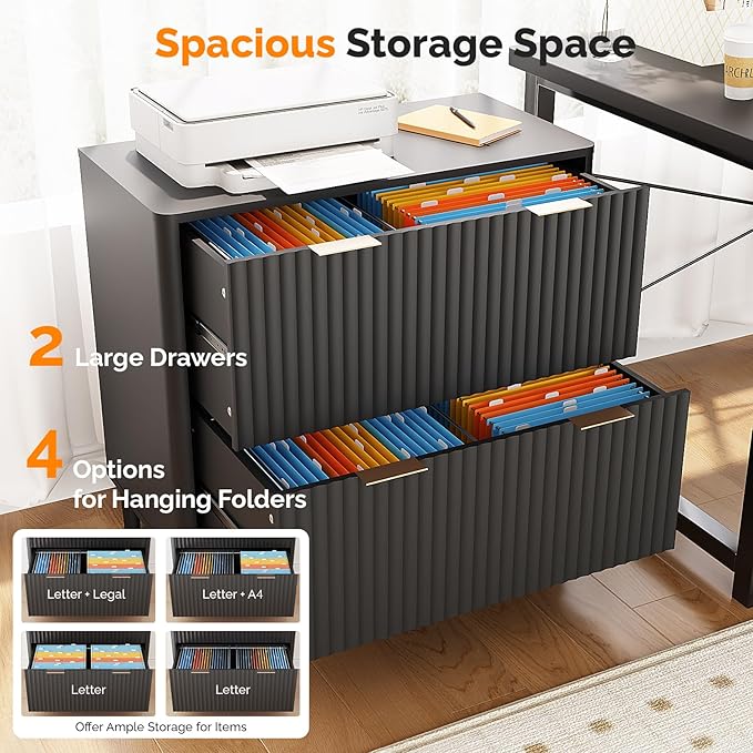 VINGLI 2 Drawer File Cabinet Home Office Filing Organizer for Letter Legal A4 Size File Folder Storage Modern Style Fluted Design Wood Lateral Filing Cabinet Printer Stand Archivador Black