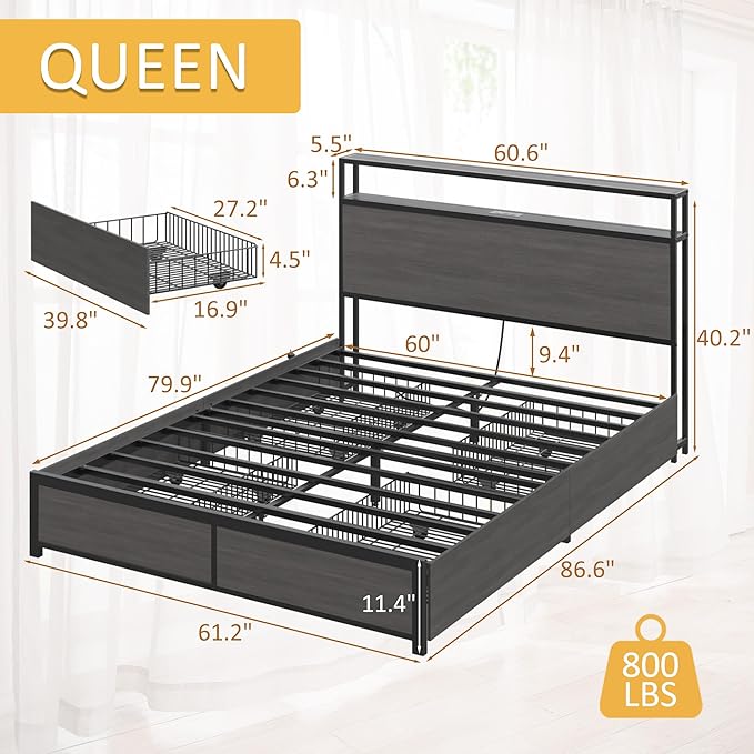 Lifezone Queen Bed Frame with 2-Tier Storage Headboard Metal Platform Bed Frame with 4 Storage Drawers Built in Charging Station &amp LED Noise-Free/Metal Support/No Box Spring Needed Rustic Grey