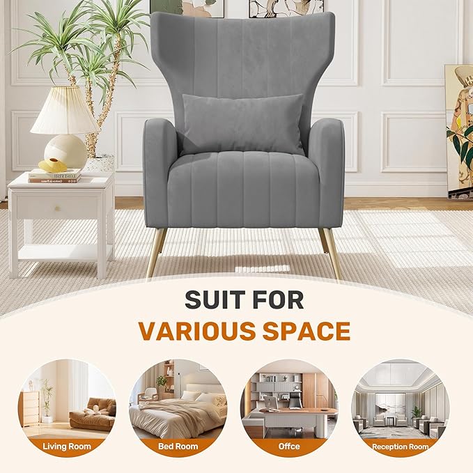 Gary Velvet Accent Chair Set of 2 Wingback Chair for Living Room High Back Arm Chair with Golden Legs Lumbar Pillow Upholstered Single Sofa Bedroom
