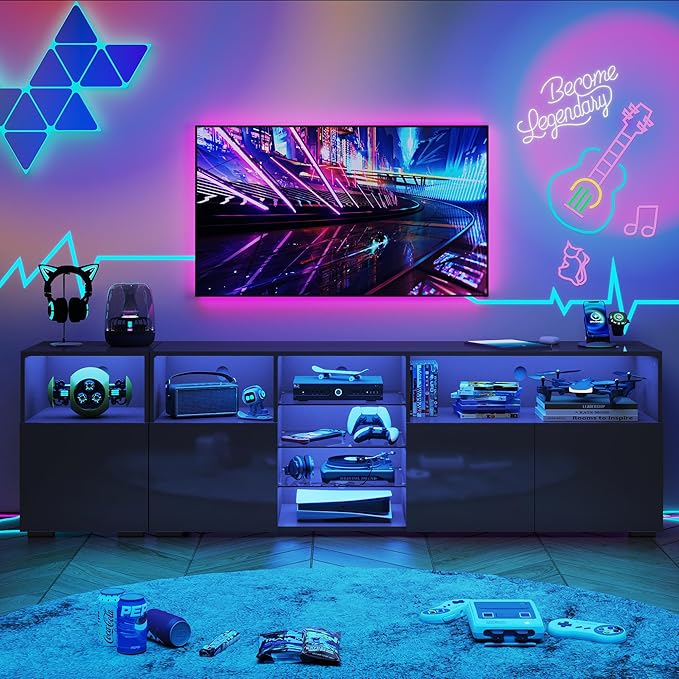 LED TV Stand for 85 Inch TV Modern TV Stand with Power Outlet High Glossy Modern TV Console Entertainment Center with Storage and LED Lights for Living Room Bedroom Black