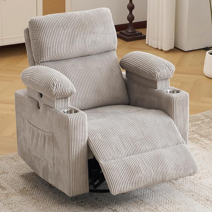 Power Recliner with Adjustable Armrests Rocking Chair Nursery with Massage and Heat Electric Glider Recliner Nursing Chair for Breastfeeding Swivel Rocker Recliner Corduroy Grey