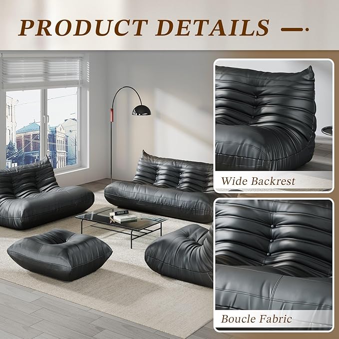 Comfy Lazy Floor Sofa CouchSoft Armless ChairFaux Leather Lounge ChairCorner Relax Sofa Couch for Living Room BedroomSalon OfficeAdults（Black+Ottoman
