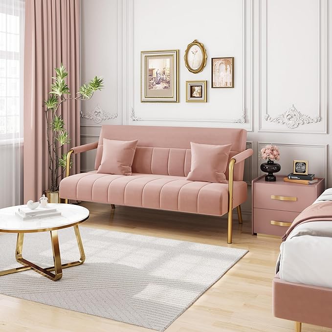 Yaheetech 56.5 W Modern Sofa Small Sofa Luxurious Velvet Fabric Couch with Gold-Tone Metal Arms and Legs for Living Room Home Office Studio Pink