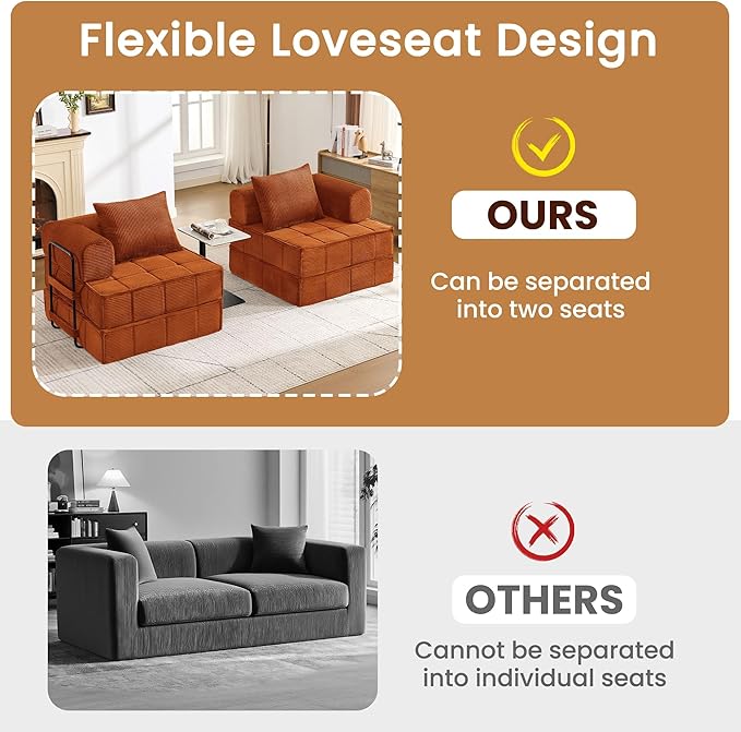 6-in-1 Convertible Sleeper Sofa Bed Corduroy Folding Mattress Couch with Fixed-Shape Frame Modular Foldable Boneless Couch Loveseat Couches with 2 Pillows for Living Room Bedroom Orange