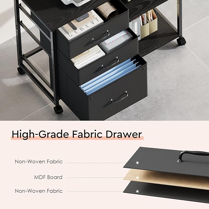 3 Drawer File Cabinet with Wheels Rolling Printer Stand with Open Storage Shelf Fabric Lateral Filing Cabinet for Home OfficeBlack