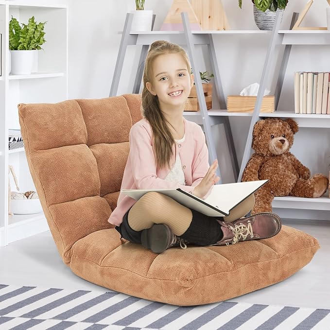 Giantex Folding Floor Chair with Back Support 14 Adjustable Position Padded Sleeper Bed Couch Recliner Gaming Floor Chairs for Adults Meditation Living Room (TAN)