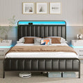 Rolanstar Full Size Bed Frame with LED Light and Charging Station Upholstered Headboard and Footboard Metal Slat Noise Free Easy Assembly Black