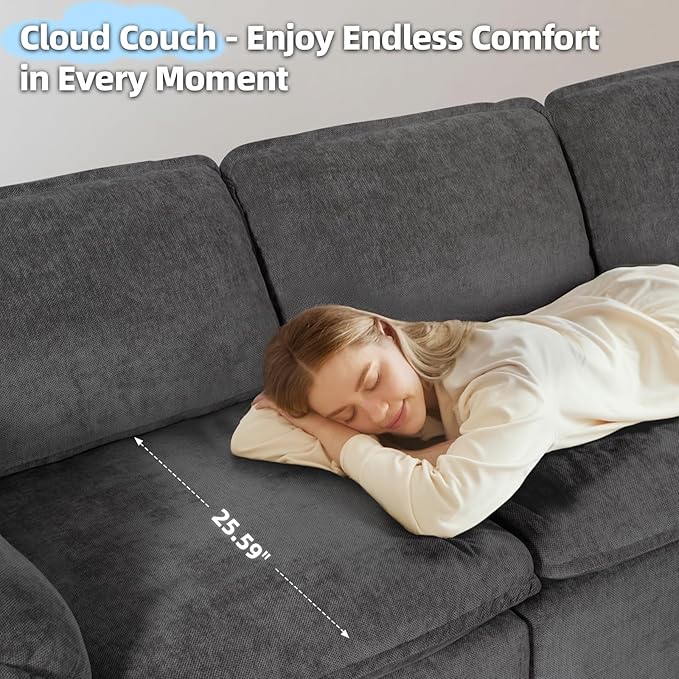 112 Cloud Couch Sectional with Padded Armrests &amp Moveable Ottoman Boneless Sectional Couches for Living Room Dark Grey Couch No Assembly Required