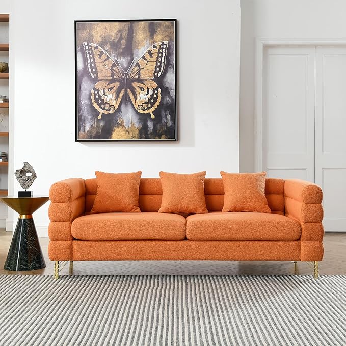 2 Pieces Cloud Sofa Set Teddy Bouclé 3 Seater Couch Sets Upholstered Tufted Modern Sofa with Gold Legs &amp Pillows Comfy Deep Seat Sherpa Couch for Living Room Bedroom Office Apartment(Orange)