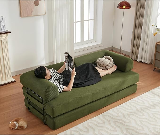 78.5'' Convertible Floor Sleeper Sofa Bed Corduroy Boneless Compression Memory Foam Wide Armrest Comfy Loveseat Lounge Couch for Living Room Bedroom Apartment No Assembly Required Green
