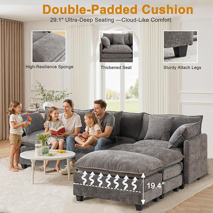 111.4 L-Shaped Cloud Chenille Sofa Sectional Couch with Reversible Chaise Flexible 3+1 Layout for Large Spaces Deep Seat and Free Pillows Included