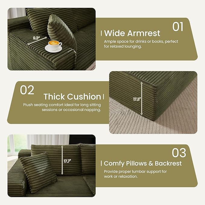 103'' Modular Sectional Sofa with Deep Seat Comfy L Shaped Couch Modern Cloud Couch with Oversized Chaise Corduroy No Assembly Required for Living Room Bedroom Green