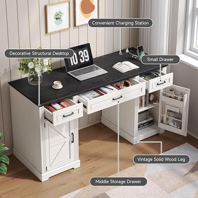 ONBRILL 59 inch Farmhouse Executive Desk with Drawers Home Office Desk with File Cabinet Outlets Storage Cabinet Keyboard Tray Wood Computer Desk for Work Study Writing (Off White &amp Black)