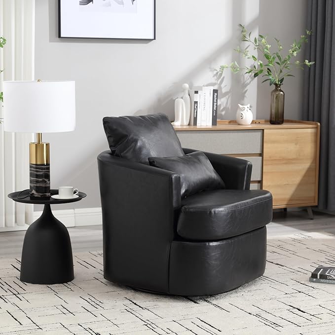 Swivel Barrel Chair Comfy Round Accent Sofa Chair for Living Room 360 Degree Swivel Barrel Club Chair Leisure Arm Chair for Nursery Hotel Bedroom Office Lounge (Black PU)