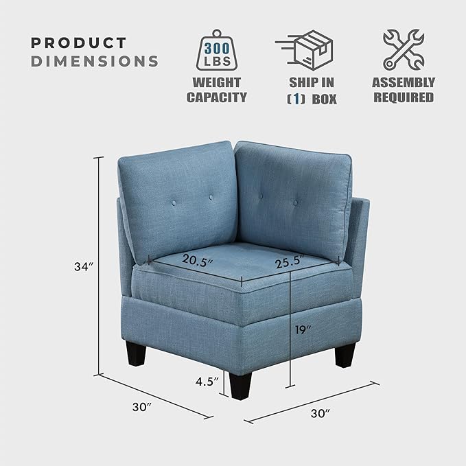 Lexicon Modern Modular Corner Chair with Hidden Storage Textured Fabric with Button-Tufted Design Reversible Back Cushion for Living Room/Bedroom/Office Blue